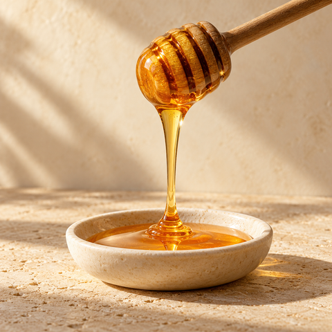 golden honey drizzling from a wooden honey dipper into a shallow ivory dish