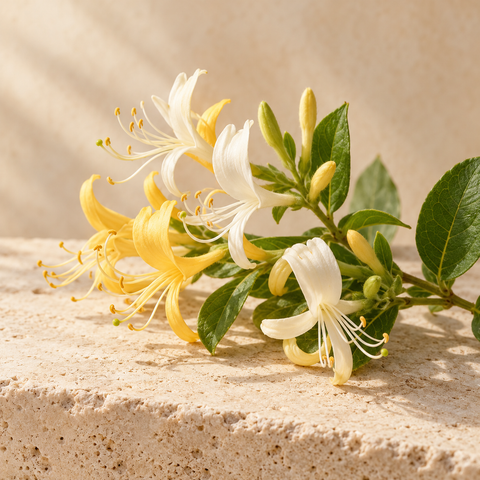 a few cream and yellow honeysuckle flowers on a green sprig