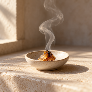a delicate curl of pale aromatic smoke above a tiny resin piece in a simple ceramic dish