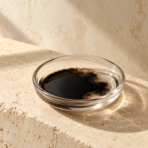 a small pool of dark ink in a shallow clear glass dish, no writing or pen