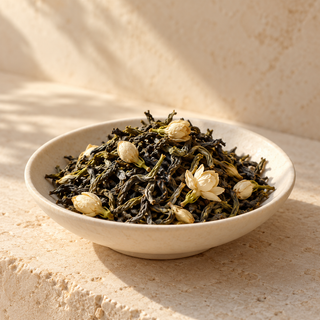 loose tea leaves with a few small dried jasmine blossoms in an ivory dish