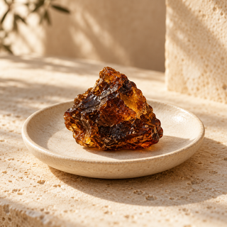 a small dark amber-brown resin piece on a simple pale ceramic dish