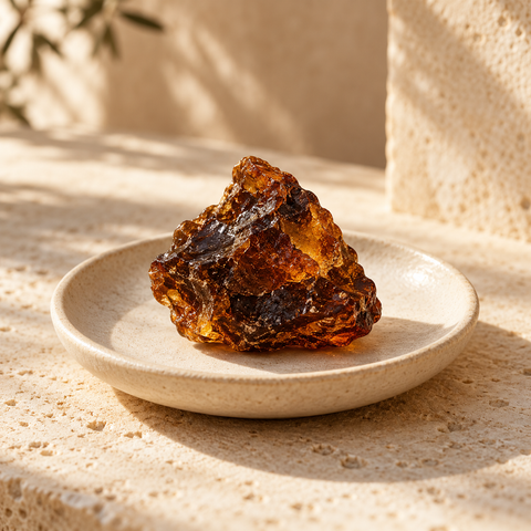 a small dark amber-brown resin piece on a simple pale ceramic dish
