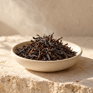 loose dark lapsang souchong tea leaves in an ivory dish with a very subtle wisp of smoke