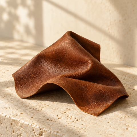 a small sculptural fold of warm brown leather texture