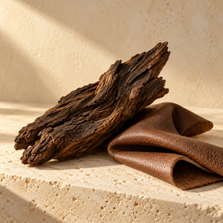 a textured dark wood fragment beside a small folded piece of brown leather