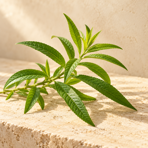a fresh lemon verbena sprig with narrow green leaves