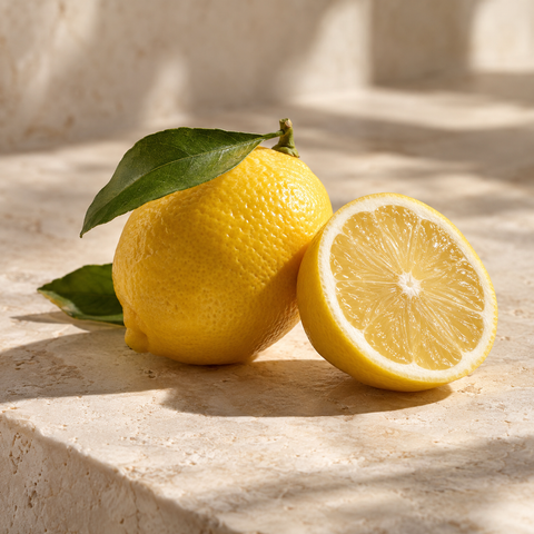 a fresh yellow lemon and a cut half