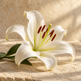a white lily bloom with curved petals and visible stamens