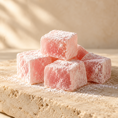 pale pink Turkish delight cubes dusted lightly with powdered sugar