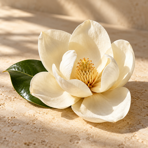 one open ivory magnolia flower with a glossy green leaf