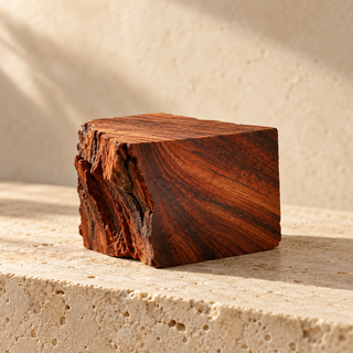 a small block of rich reddish-brown mahogany wood with visible grain