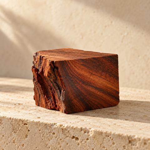a small block of rich reddish-brown mahogany wood with visible grain