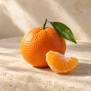 one mandarin orange with a peeled segment and a small fresh leaf