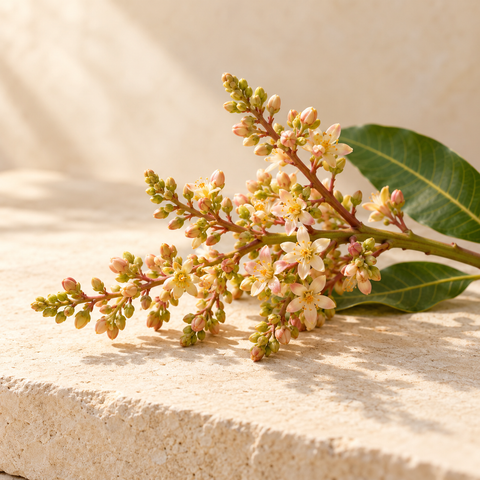 a small mango flowering panicle with tiny pale pink cream flowers