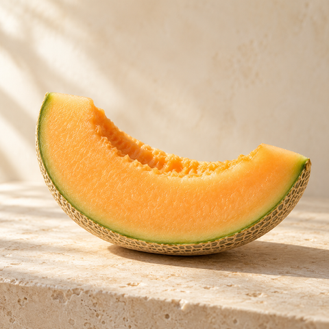 a fresh cantaloupe melon wedge with pale orange flesh