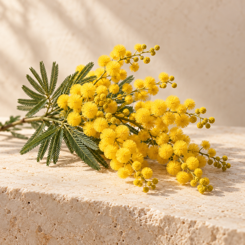 a small branch of fluffy yellow mimosa blossoms