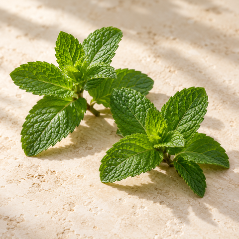 two fresh mint sprigs with textured bright green leaves