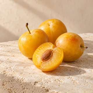 three small golden mirabelle plums with one cut half