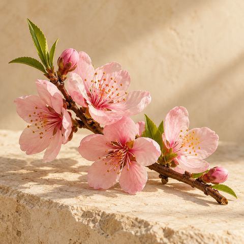 a short branch of soft pink nectarine blossoms