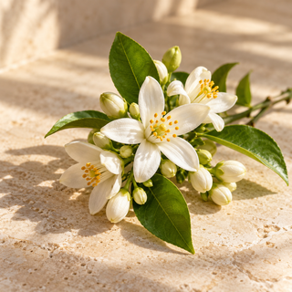 a delicate bitter orange blossom spray with white petals and small green leaves