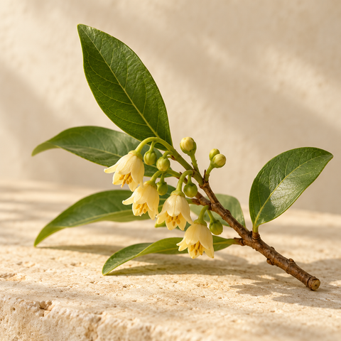 a small nutmeg twig with tiny pale yellow bell-shaped flowers, no nutmeg fruit