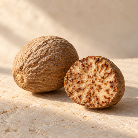 one whole nutmeg and a cut nutmeg showing its marbled interior