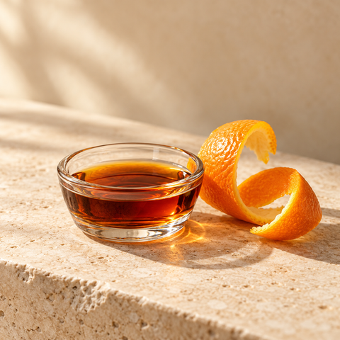 a small clear glass dish of amber bitters beside a curl of orange peel