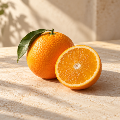 one fresh orange and a sliced half