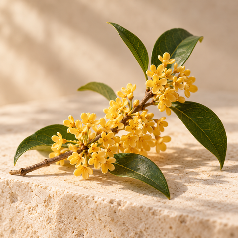 a small branch of tiny golden osmanthus blossoms