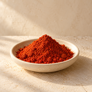a small mound of red paprika powder in a shallow ivory dish
