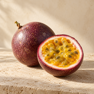 a purple passionfruit and a cut half with golden pulp