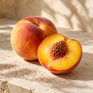 a fresh peach and a sliced half showing golden flesh