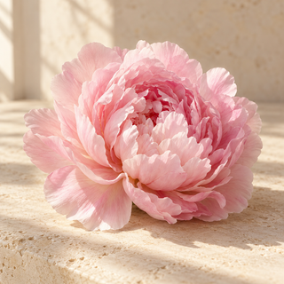 one soft pink peony flower with layered petals