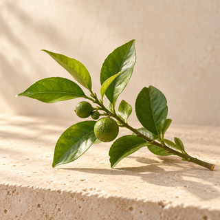 a bitter orange twig with fresh leaves and tiny green fruit