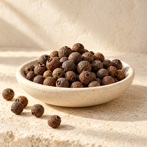 dried allspice berries in a shallow ivory dish, no chili peppers