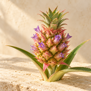 a small pineapple flowering head with tiny purple flowers