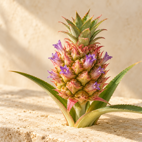 a small pineapple flowering head with tiny purple flowers