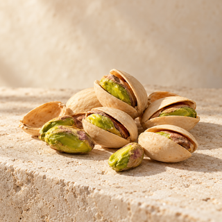 split pistachio shells and green pistachio kernels