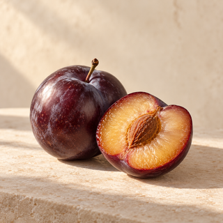 a dark purple plum and a cut half