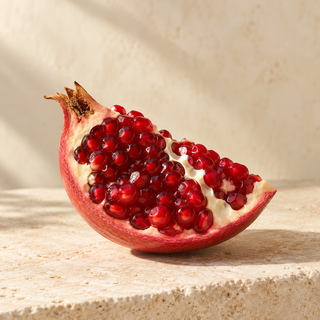 one pomegranate wedge exposing ruby seeds