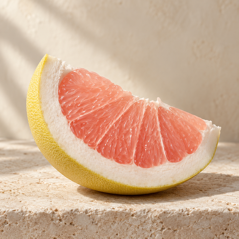 a pomelo wedge with pale pink flesh and thick pale rind