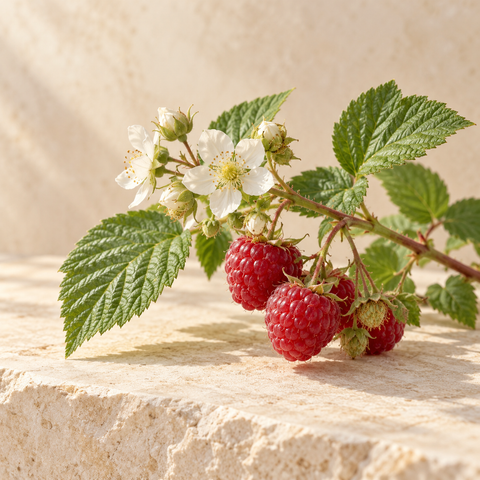 a short raspberry branch with small white blossoms