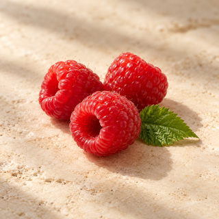 three ripe red raspberries and a small leaf