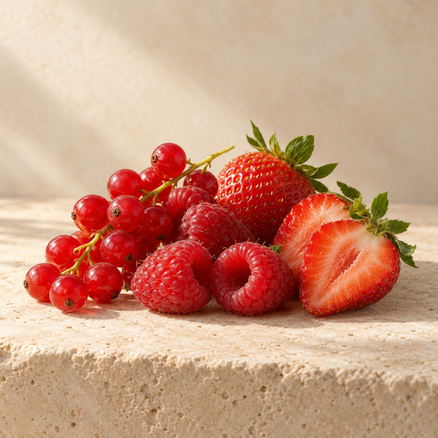 a small cluster of red currants, raspberries and strawberries