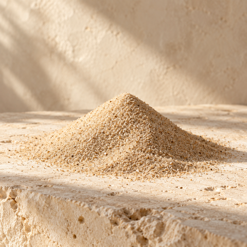 a small mound of fine pale sand on ivory limestone
