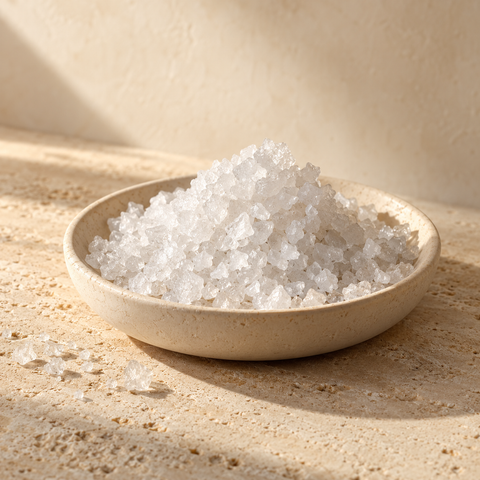 coarse sea salt crystals in a shallow ivory dish