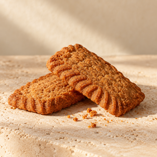 two brown spiced speculoos biscuits, no lettering or embossed logo