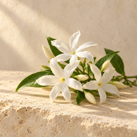 a small cluster of white star jasmine flowers with pinwheel-shaped petals