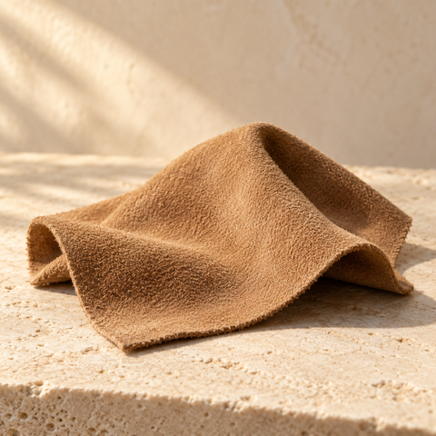 a folded small piece of soft tan suede with clearly visible nap